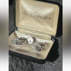 Cufflinks and Tie Tac Set Vintage Sir Cranston Original Box Silver Blue Stone